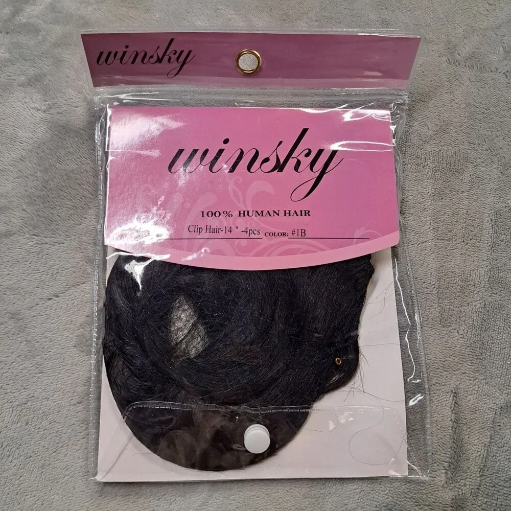 Winsky 100% Human Hair Extensions  Clip Hair 14” 4 Pieces Color 1B